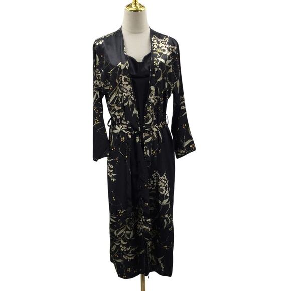 KIMONO SZ M black floral robe and slip pajama lounge 2 piece set NEW B115 - Picture 1 of 11